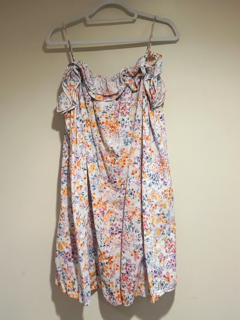 H&M White Floral Ruffle-Trim Linen Blend Dress Sz Med